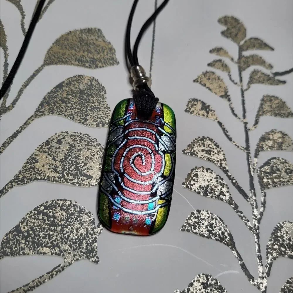 Vintage 90s Metallic Glass Pendant  on long cord